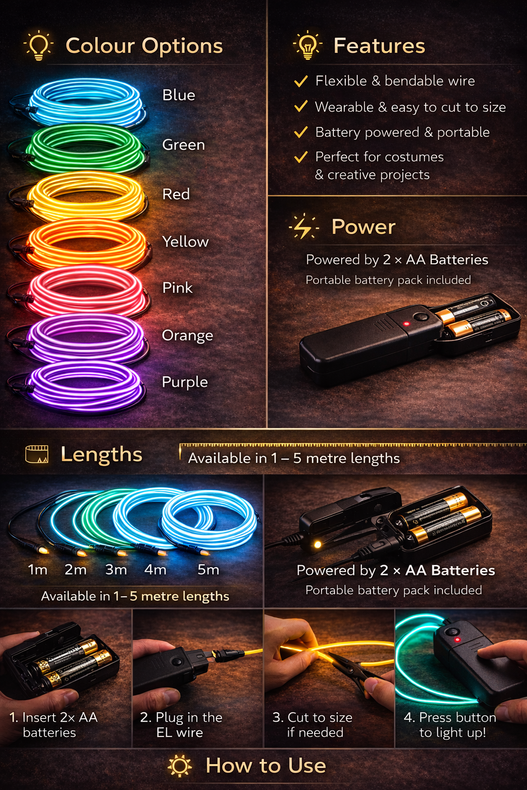 EL Wire Glow Line – Flexible Light for Costumes, Decor & DIY
